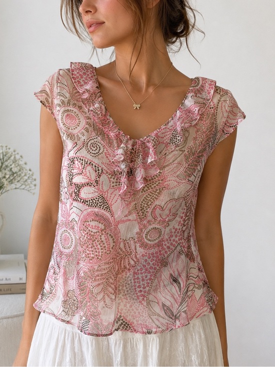 cleo Tops - Cleo Petites Semi Sheer Pink Paisley Ruffle Blouse Y2K Romantic Fairycore Top